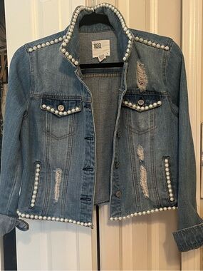 RSQ Pearl-Trim Distressed Denim Jacket in Medium Blue